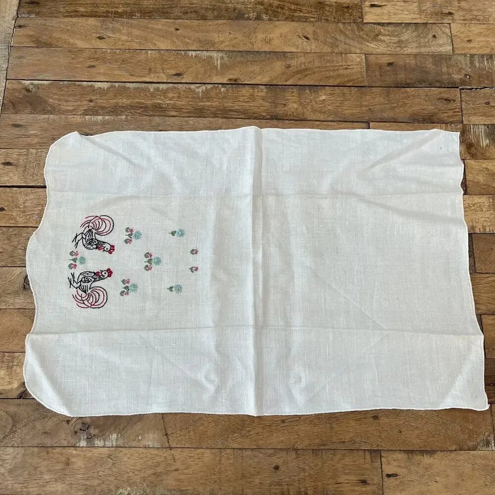 Vintage Cross-Stitch Embroidered Linen Napkins Set of 5 Floral Farmhouse Style